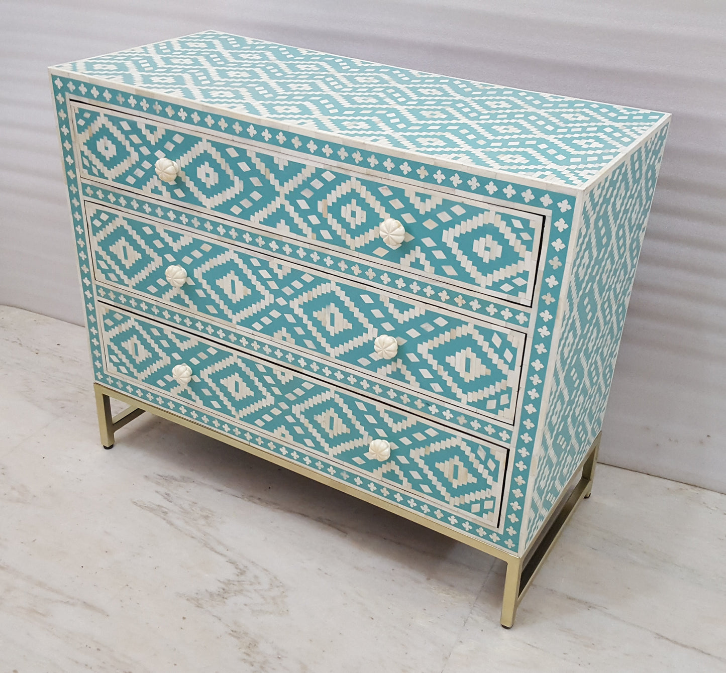 Bone Inlay Green Sideboard | 3 Drawers & Brass Legs | Geometric Pattern | Handcrafted | 38x18x34 inch