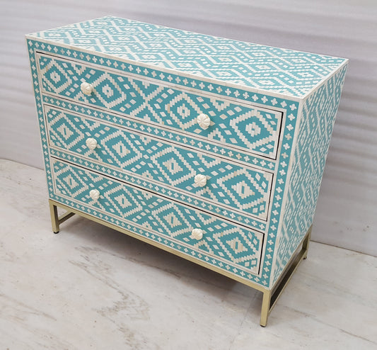Bone Inlay Green Sideboard | 3 Drawers & Brass Legs | Geometric Pattern | Handcrafted | 38x18x34 inch