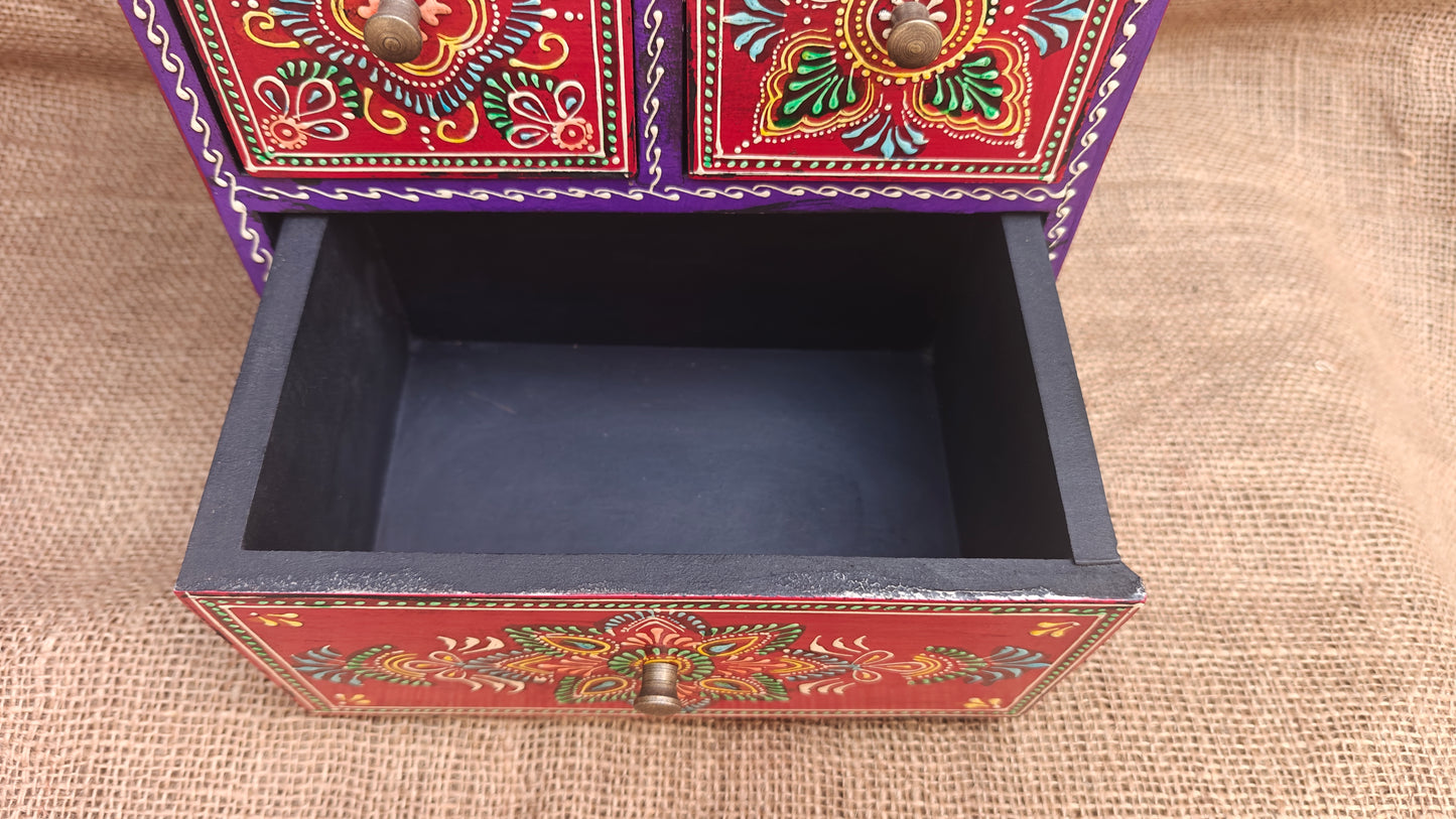 Handcrafted Painted Wood Chest with 3 Drawers | Red & Purple | Decorative Storage