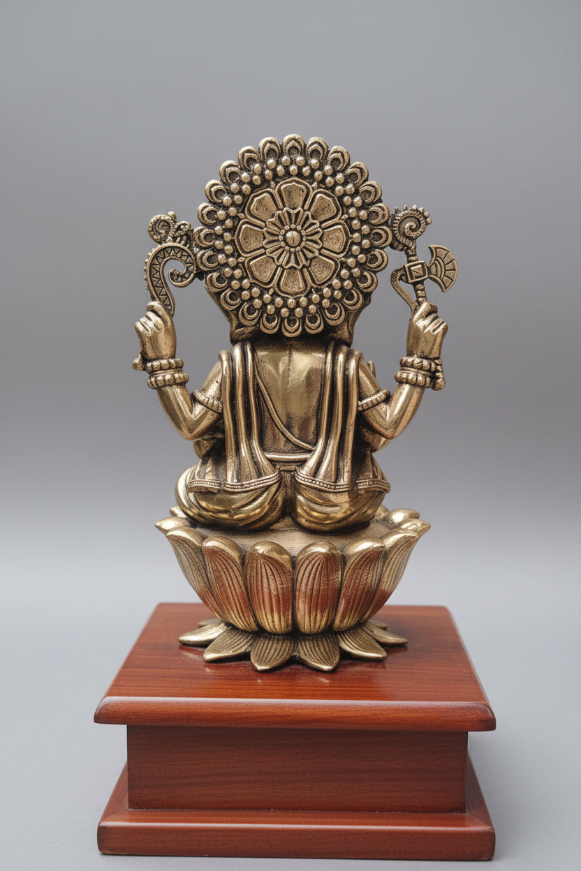  Angled view of brass Ganesha idol with decorative arch stand