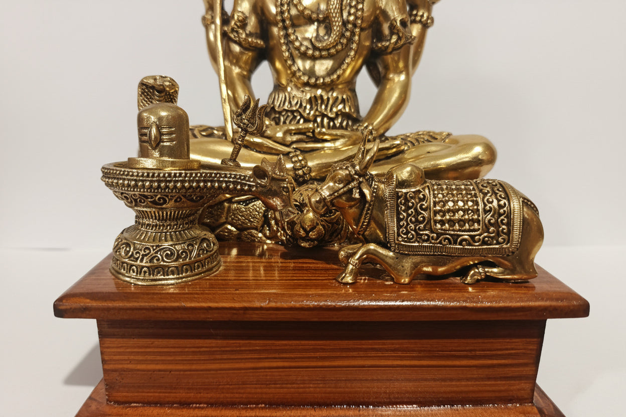 Detail of Nandi bull and Shiva lingam at base of brass Shiva statue