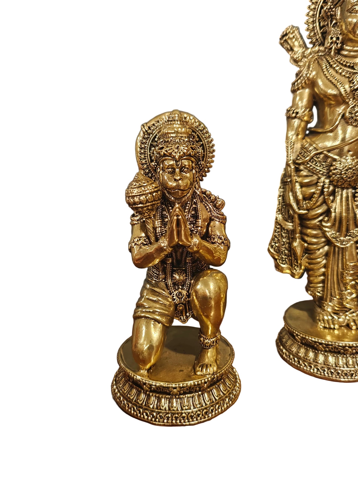 Close-up of kneeling brass Hanuman idol with folded hands from Ram Darbar set