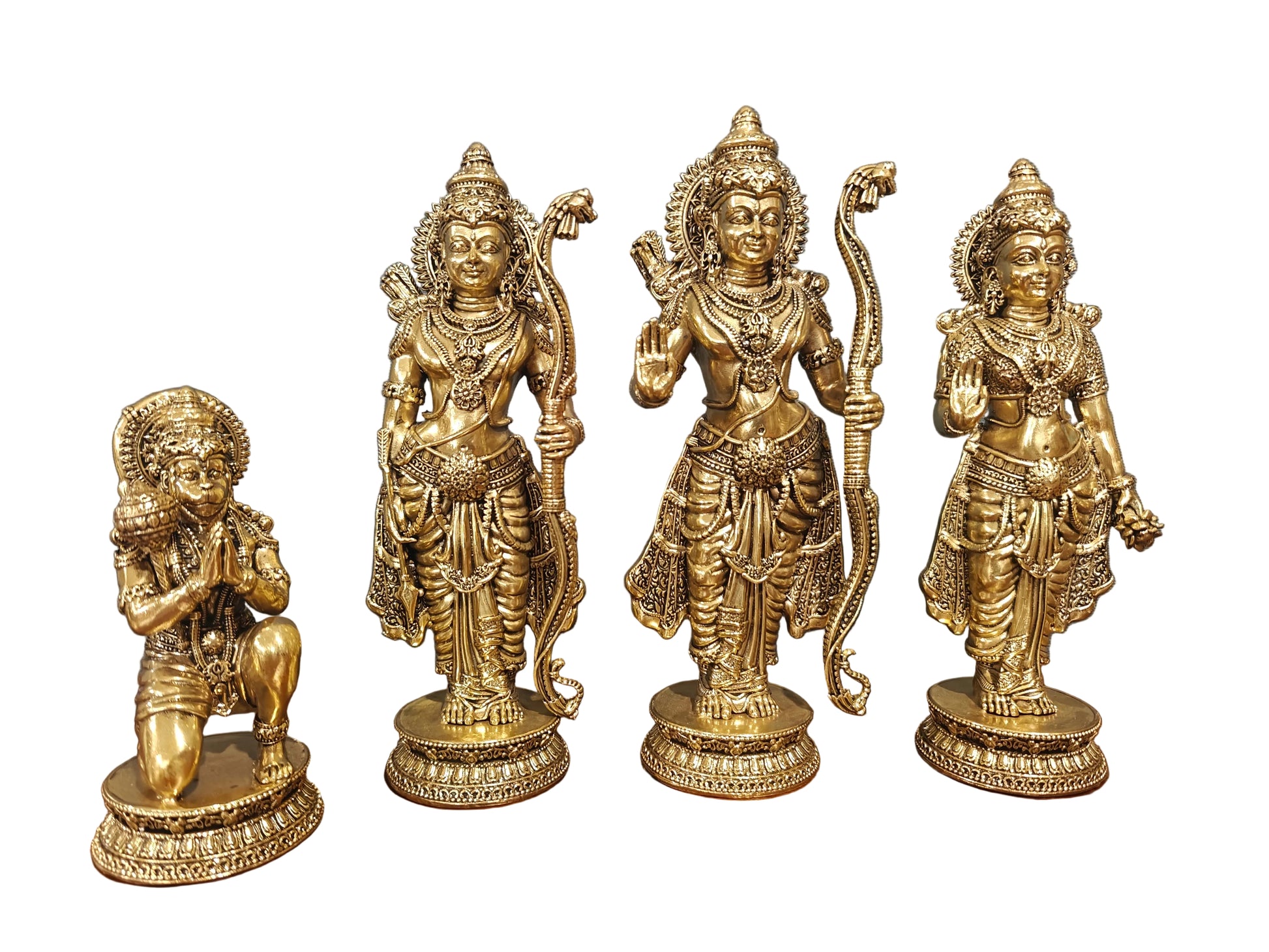 Brass Ram Darbar idol set with Ram, Sita, Lakshman and Hanuman, front view