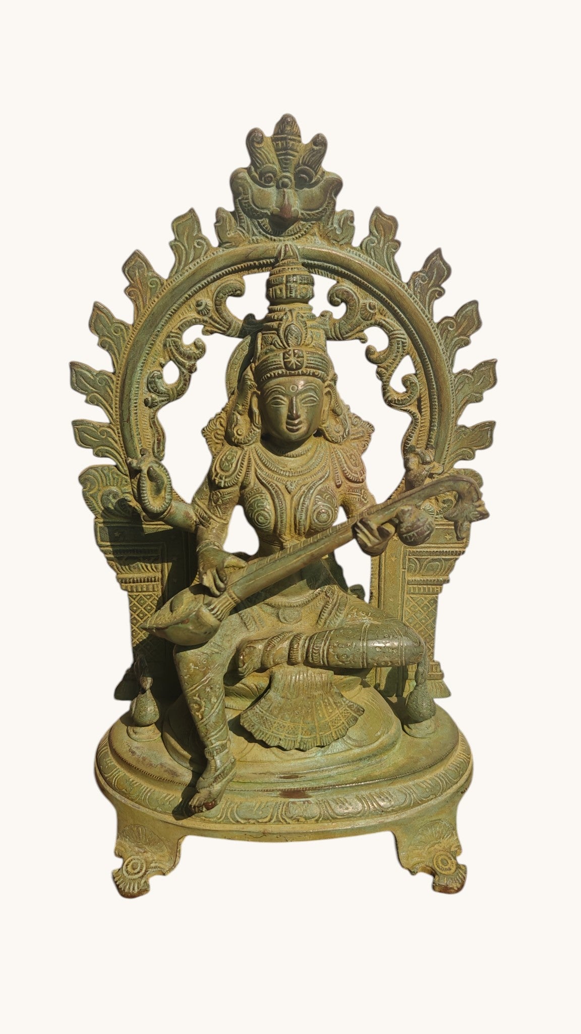 Handcrafted Brass Saraswati Statue | Goddess of Knowledge on Double Lotus Stand | 12 inch