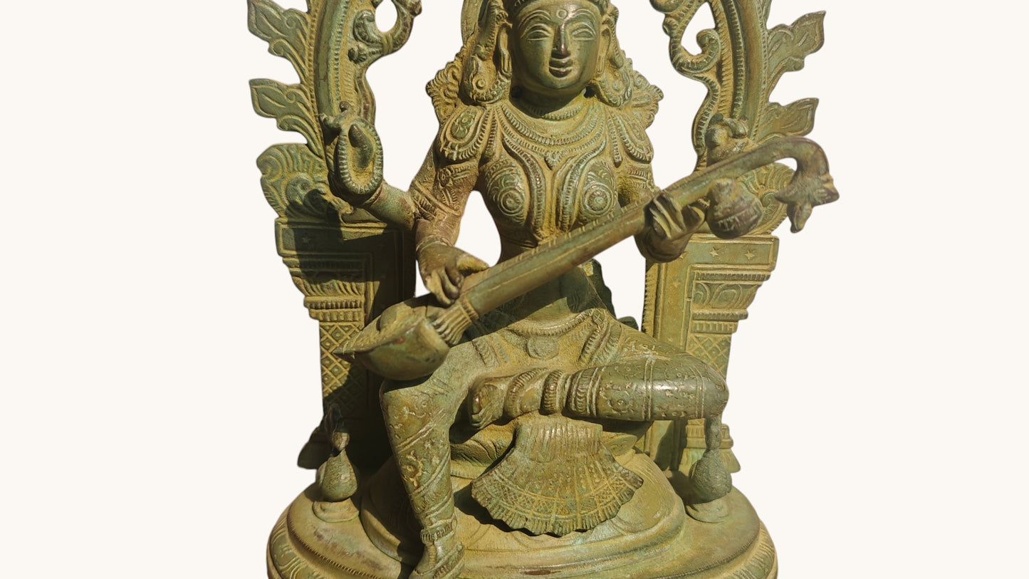 Handcrafted Brass Saraswati Statue | Goddess of Knowledge on Double Lotus Stand | 12 inch