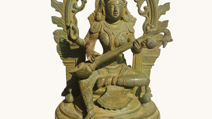 Handcrafted Brass Saraswati Statue | Goddess of Knowledge on Double Lotus Stand | 12 inch