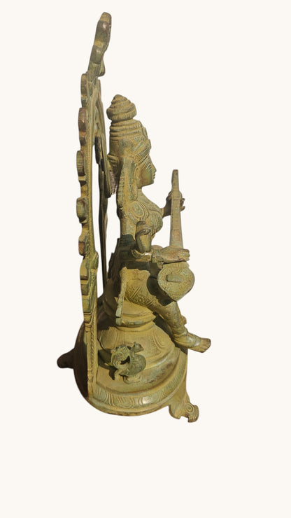 Handcrafted Brass Saraswati Statue | Goddess of Knowledge on Double Lotus Stand | 12 inch