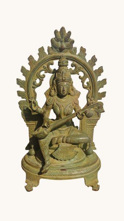 Handcrafted Brass Saraswati Statue | Goddess of Knowledge on Double Lotus Stand | 12 inch