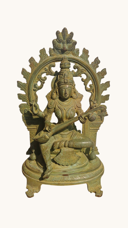 Handcrafted Brass Saraswati Statue | Goddess of Knowledge on Double Lotus Stand | 12 inch
