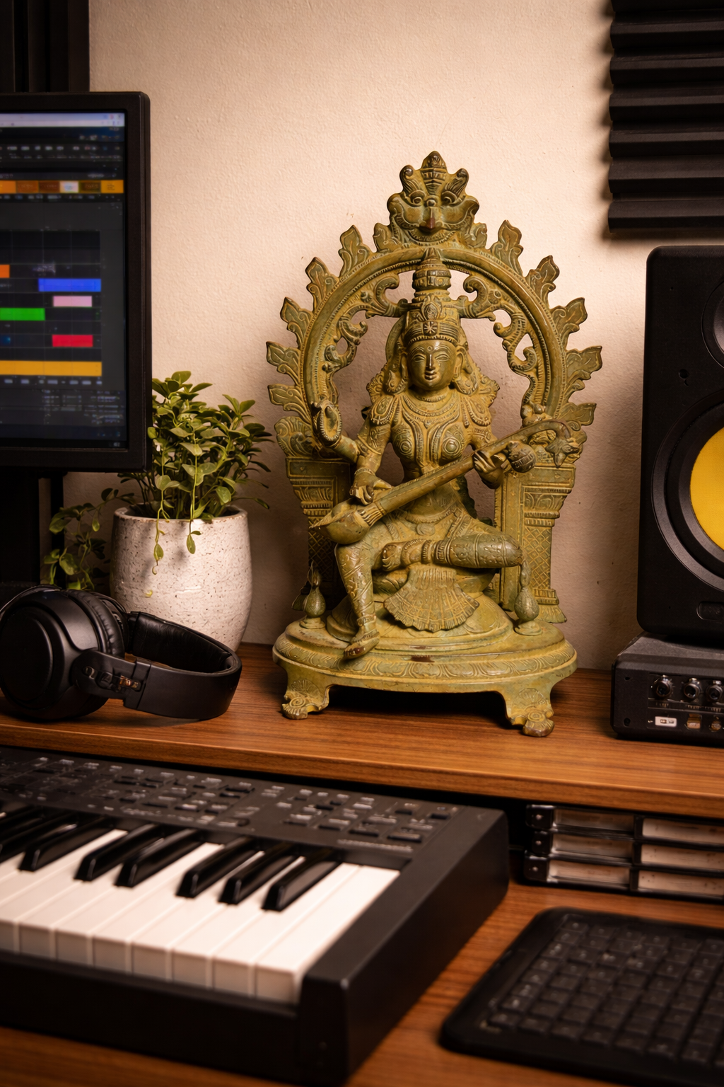 Handcrafted Brass Saraswati Statue | Goddess of Knowledge on Double Lotus Stand | 12 inch