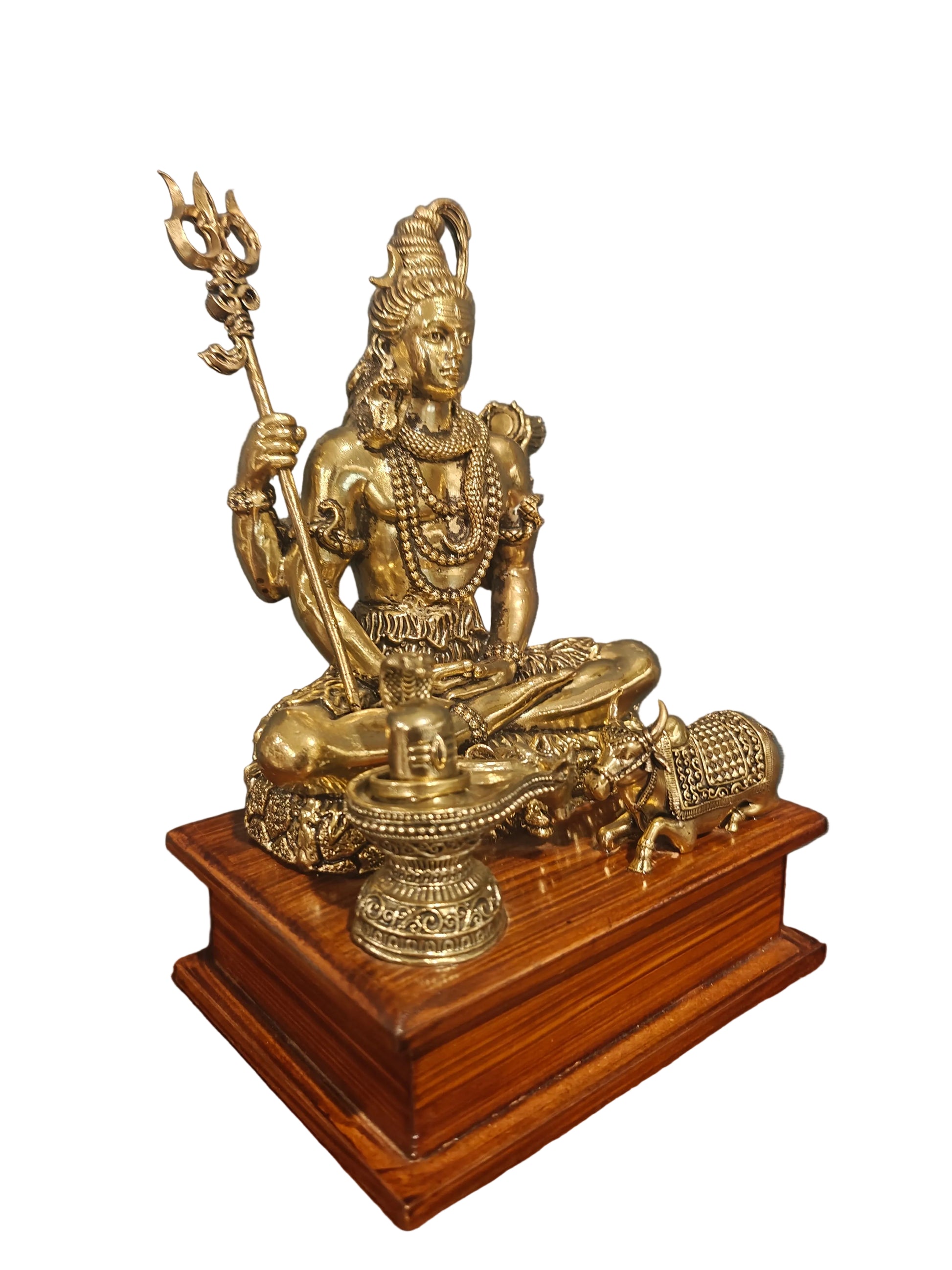 Close-up of brass Shiva idol holding trishul and damru with snake around neck
