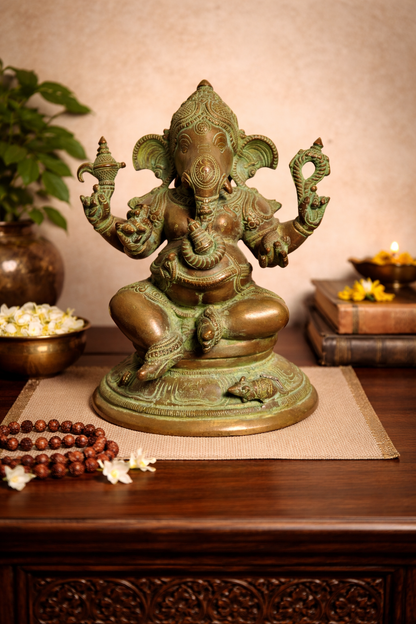 Handcrafted Brass Ganesha Statue | Seated Pose | Remover of Obstacles | 9.5 inch