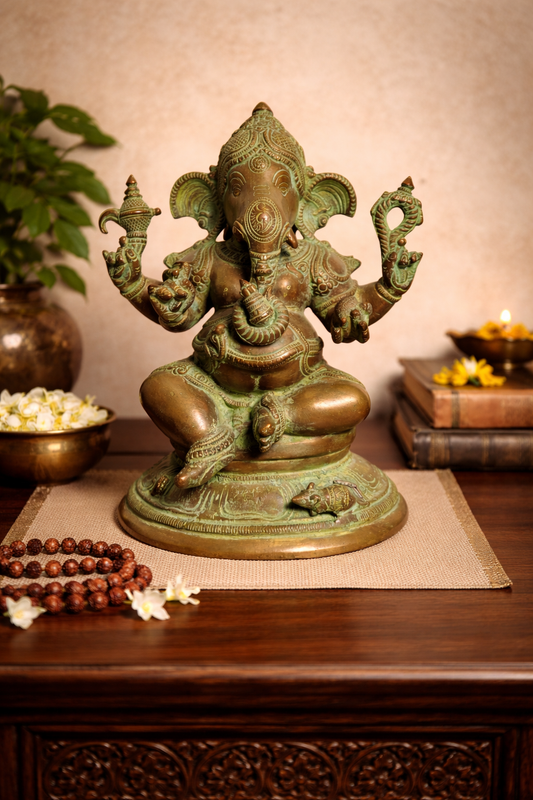Handcrafted Brass Ganesha Statue | Seated Pose | Remover of Obstacles | 9.5 inch