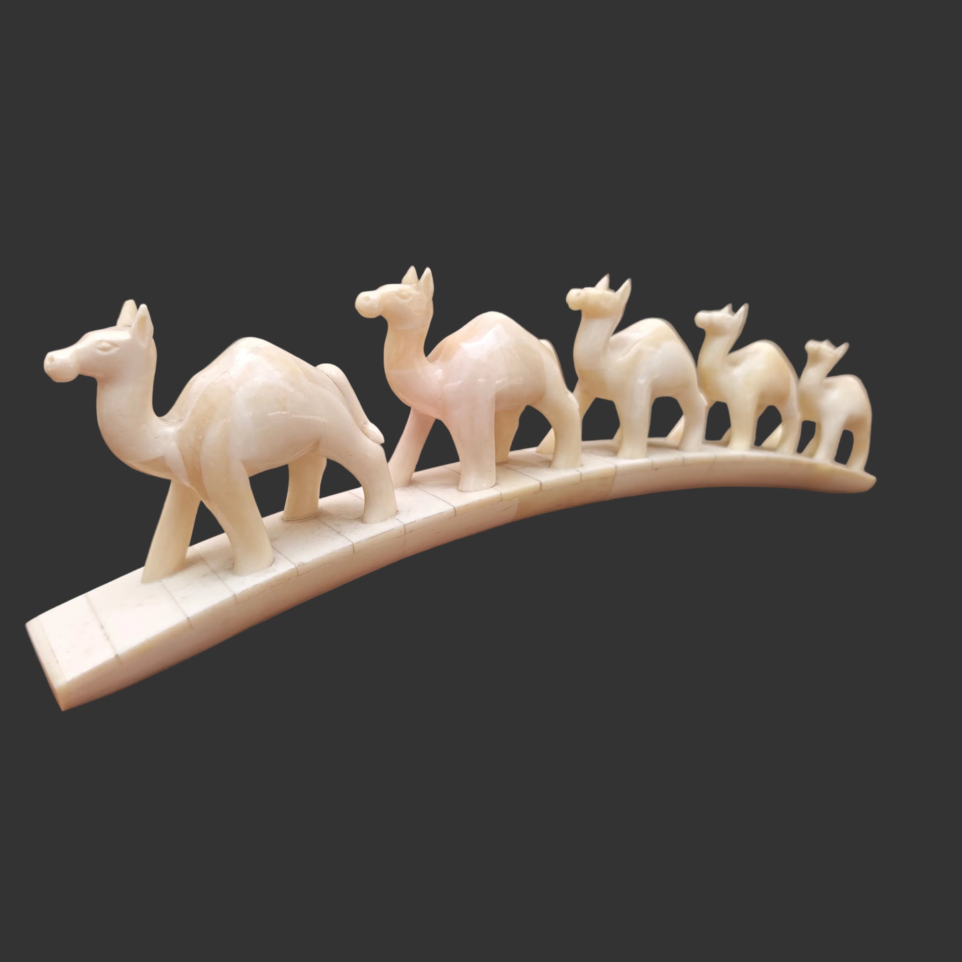  Carved bone camel parade on arched base displayed on wooden surface – front view
