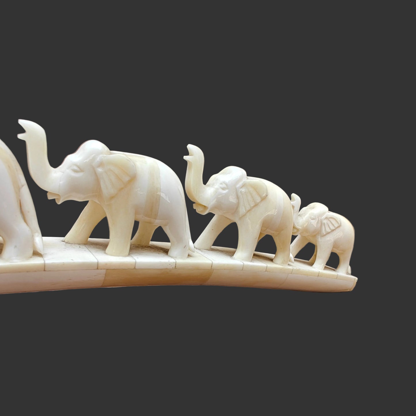 Close-up of carved bone elephants standing in a row on arched base