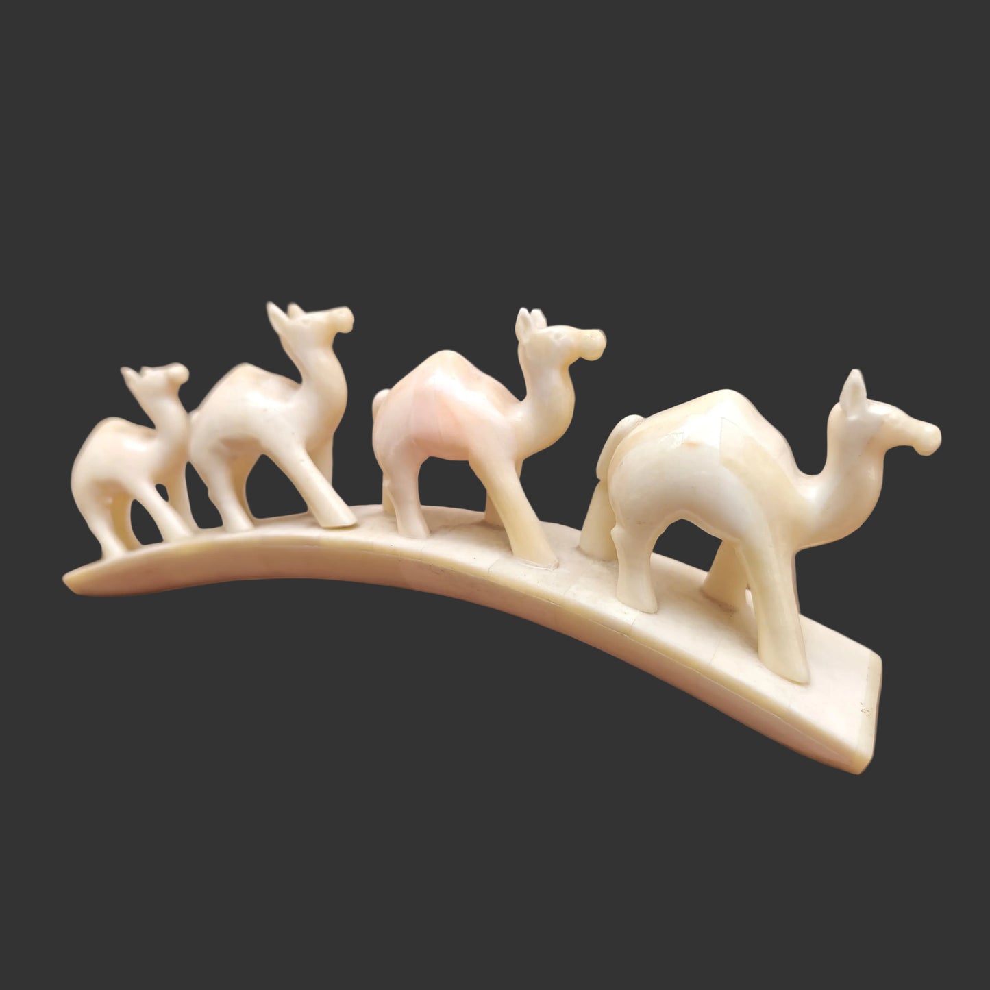 Carved bone four-camel parade on arched base displayed on wooden surface – 