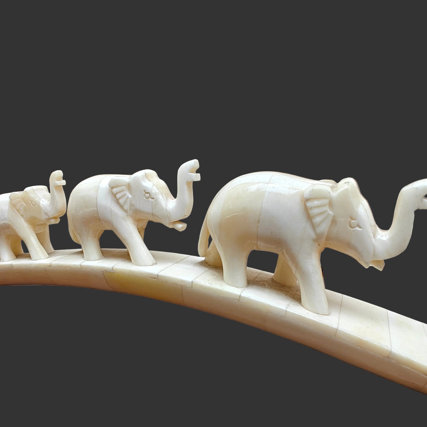 Side view of carved bone four-camel parade showing animals walking across arched base-1