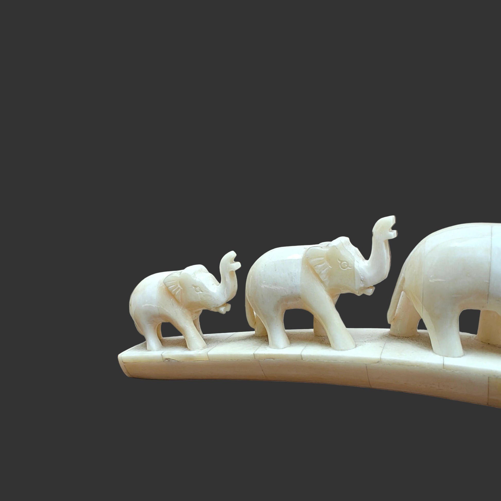 Side view of carved bone four-elephant parade showing animals walking across arched base-3