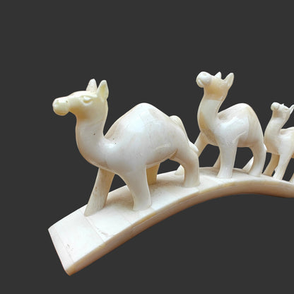 Carved bone three-camel parade on arched base displayed on wooden surface – front view-1
