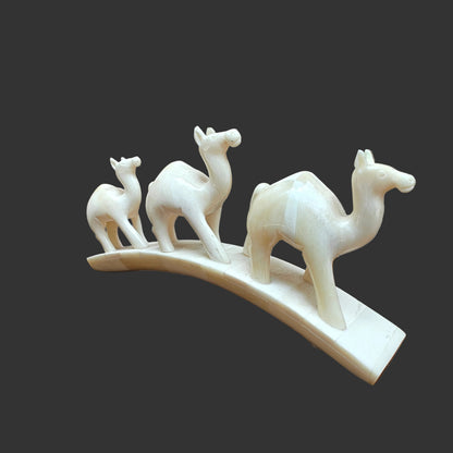 Carved bone three-camel parade on arched base displayed on wooden surface – front view-2