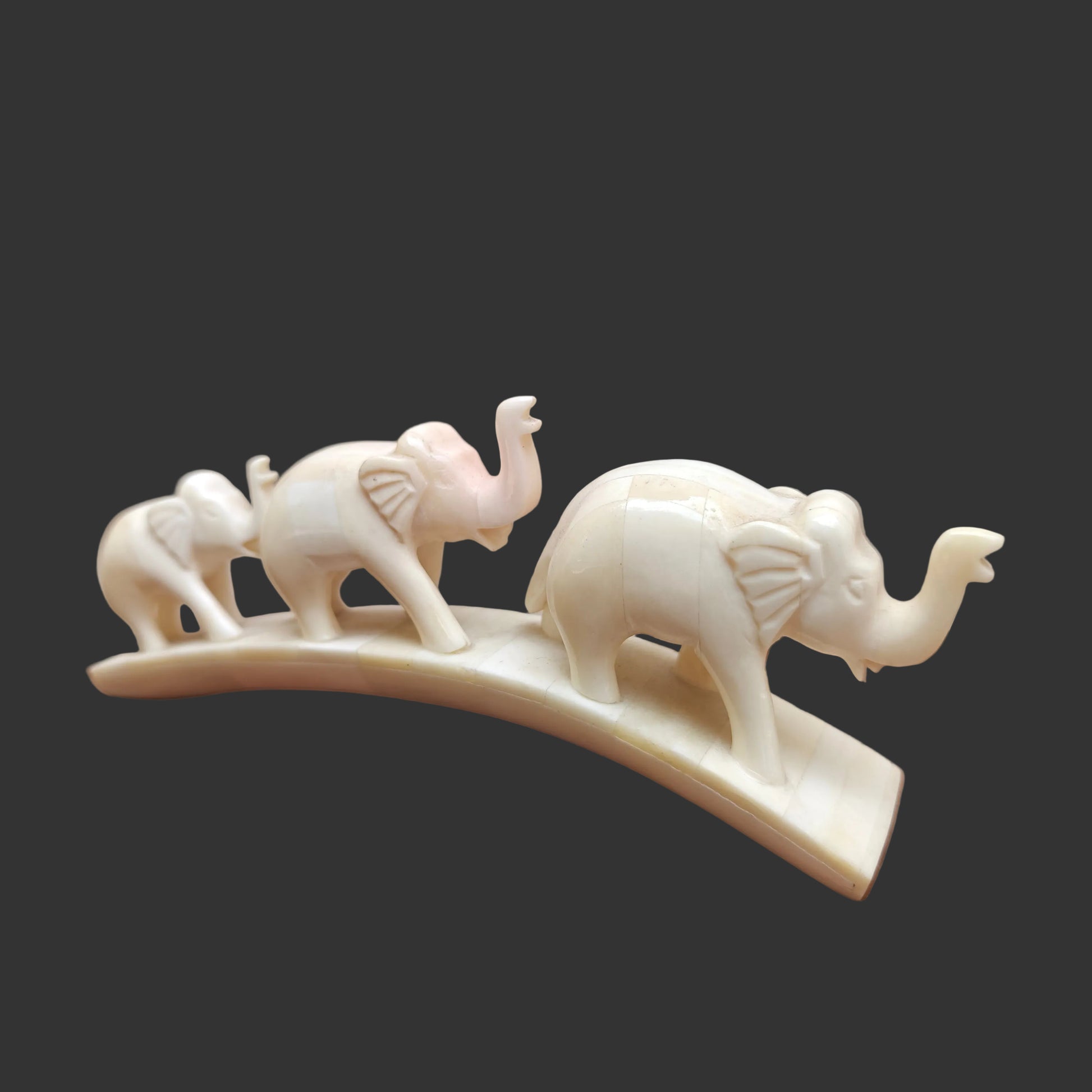 Carved bone three-elephant parade on arched base displayed on wooden surface – front view-1
