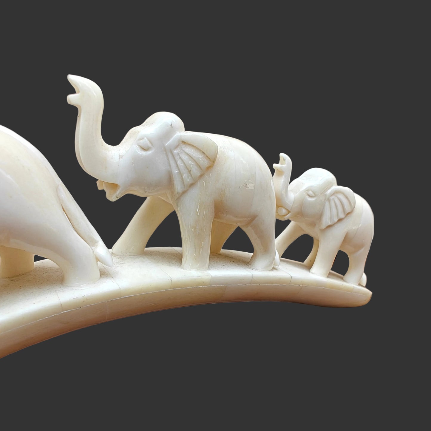 Carved bone three-elephant parade on arched base displayed on wooden surface – side 