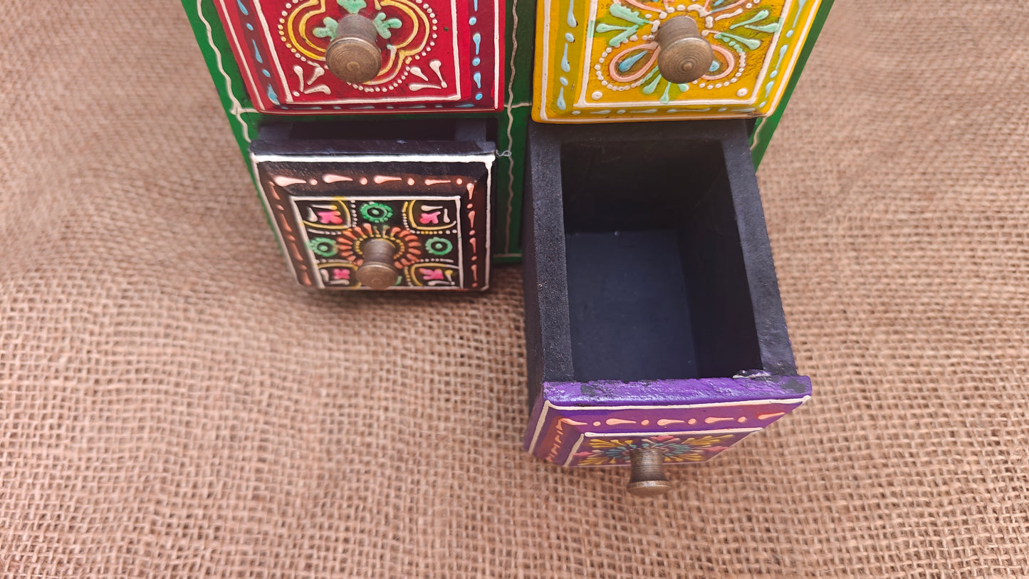 Handcrafted Painted Wood Chest with 4 Drawers | Red Yellow Green Purple | Decorative Storage
