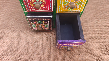 Handcrafted Painted Wood Chest with 4 Drawers | Red Yellow Green Purple | Decorative Storage