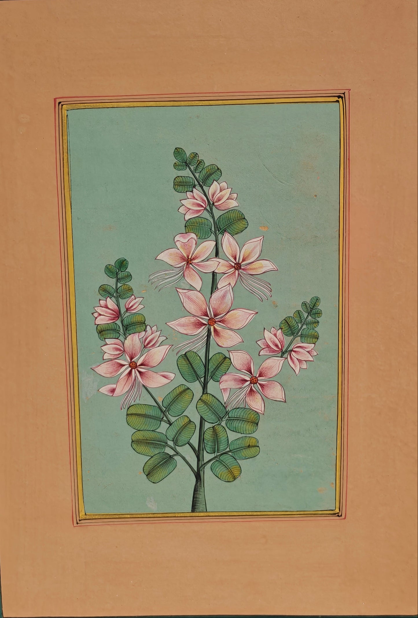 Hand-Painted Floral Miniature Painting | Pink Blossoms & Green Foliage | Pastel | 6x9 inch