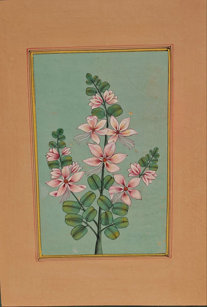 Hand-Painted Floral Miniature Painting | Pink Blossoms & Green Foliage | Pastel | 6x9 inch