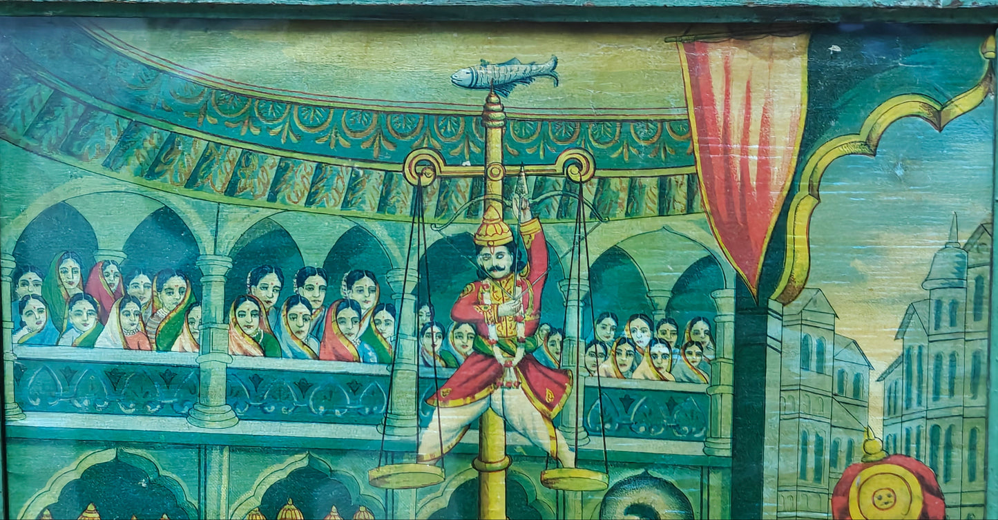 Vintage Oleograph | Matsya Vedha Mahabharata | Arjuna Wins Draupadi | Teal Frame | 10x14 inch