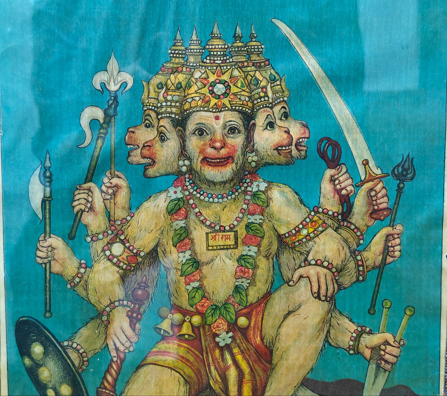 Vintage Ravi Varma Press Oleograph | Panchamukhi Hanuman | Five Faced Form | 10x14 inch