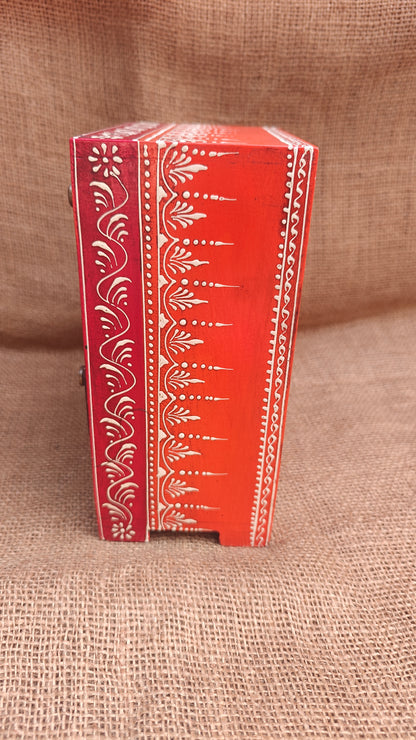 Handcrafted Wood Decorative Storage Box 6 drawers | Red Purple Multicolour Pattern | 6.25x4.25x8.5 inch