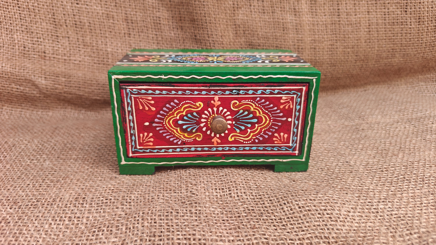 Handcrafted Painted Wood Chest with 1 Drawer | Red & Green | Decorative Storage