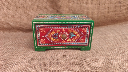 Handcrafted Painted Wood Chest with 1 Drawer | Red & Green | Decorative Storage