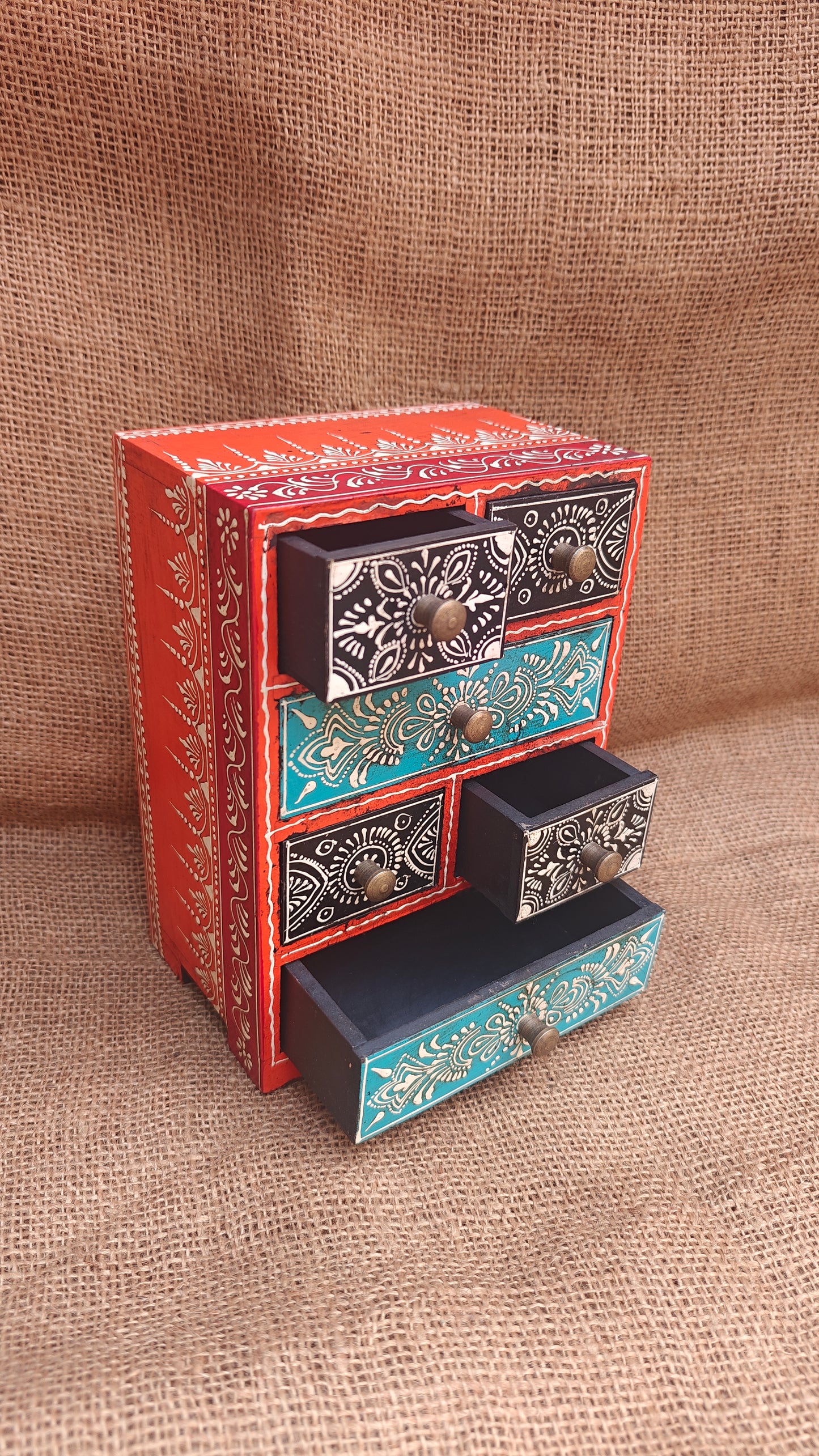 Handcrafted Wood Decorative Storage Box 6 drawers | Red Purple Multicolour Pattern | 6.25x4.25x8.5 inch