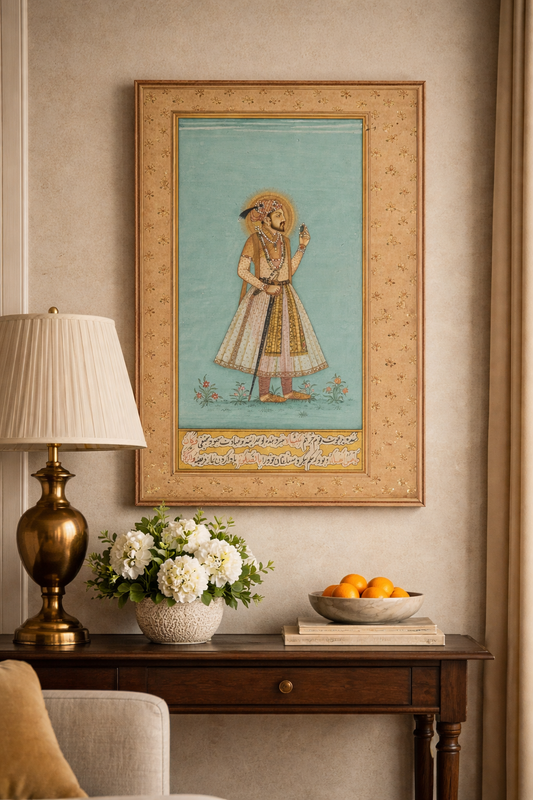 Mughal Miniature Portrait Painting | Regal Court Figure | Hand-Painted on Paper | 6.75x11 inch