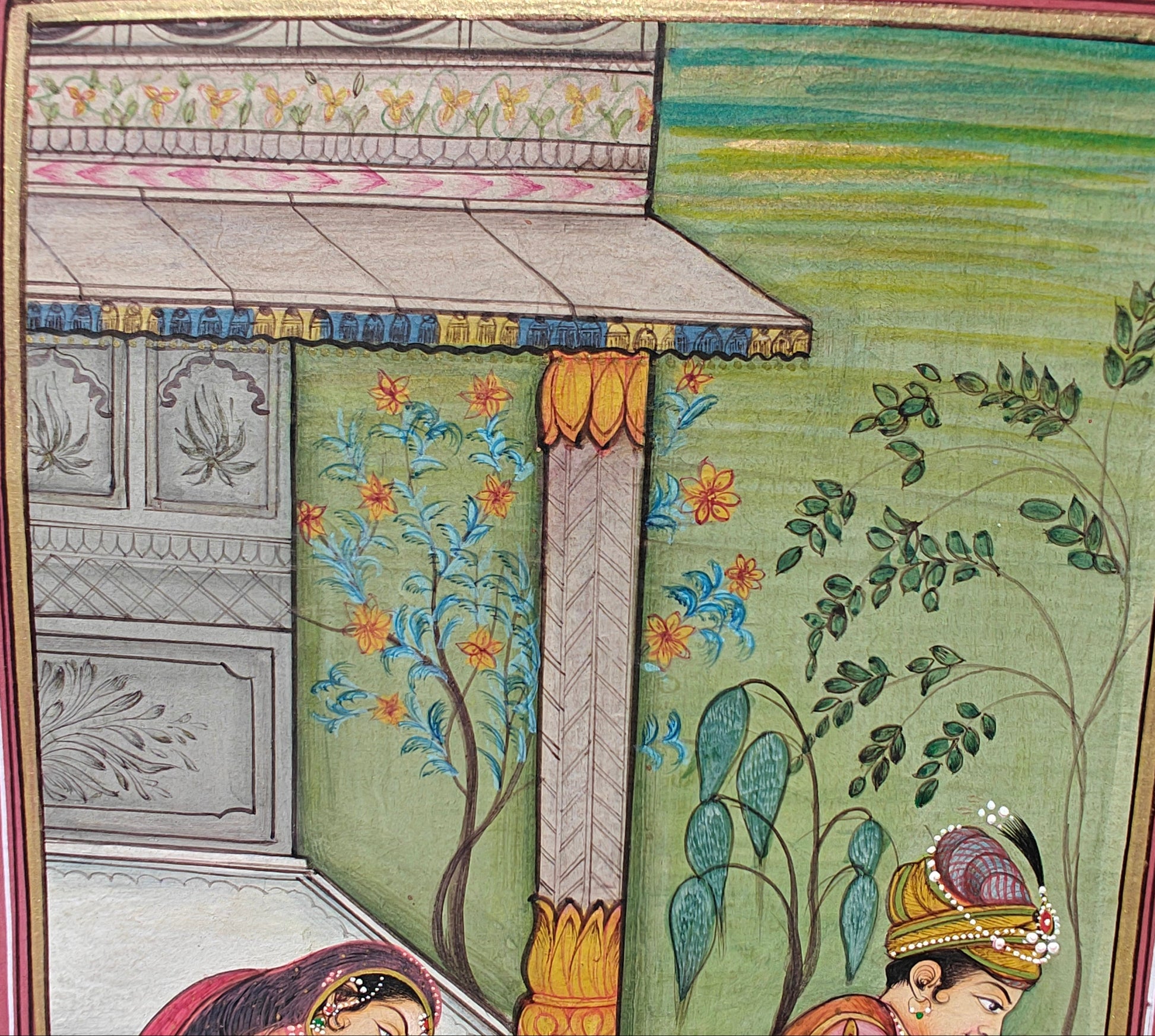  Detail of seated woman and architectural background in courtyard miniature artwork