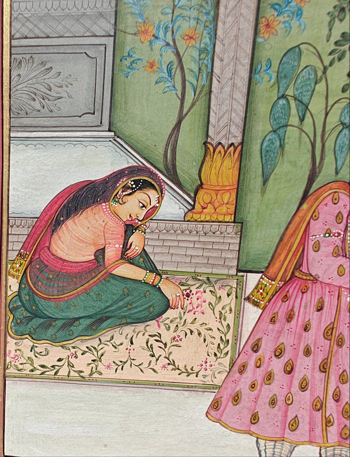  Close-up of royal figure holding a flower in courtyard lovers miniature painting