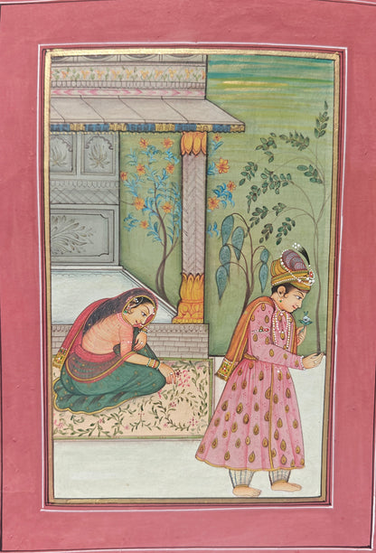  Handpainted courtyard lovers miniature painting on paper, unframed, 11 x 17 cm