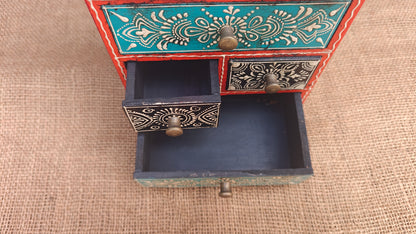 Handcrafted Wood Decorative Storage Box 6 drawers | Red Purple Multicolour Pattern | 6.25x4.25x8.5 inch