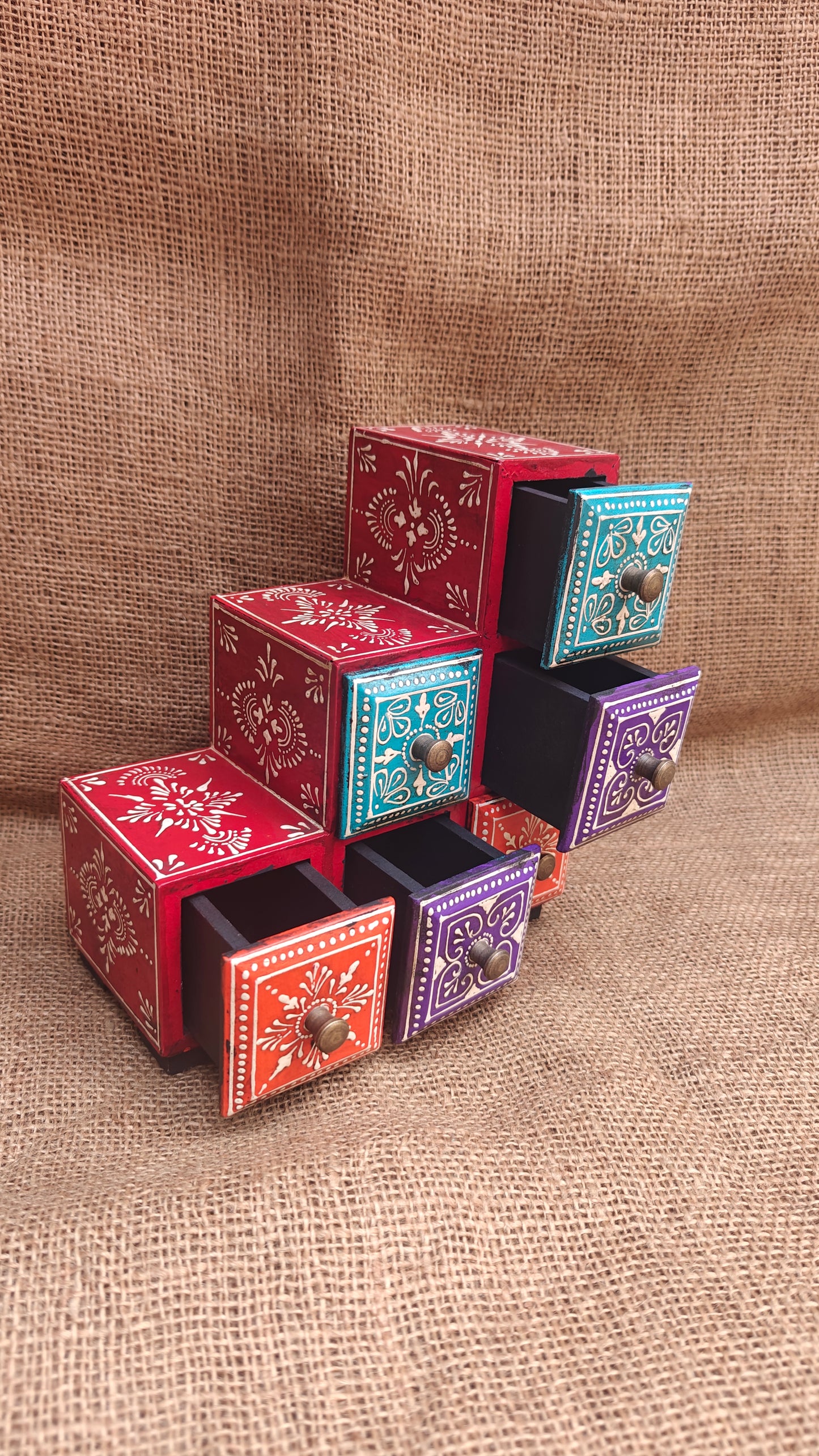 Handcrafted Painted Wood Step Ladder Chest | 6 Drawers | Multicolour Indian Folk Art