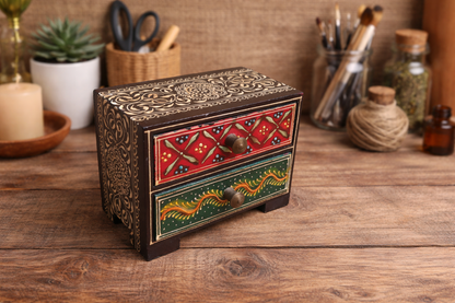 Handcrafted Painted Wood Chest with 2 Drawers | Brown Red Green | Decorative Storage | 5x3x4 inch