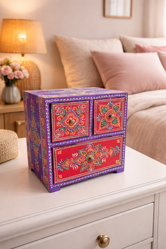 Handcrafted Painted Wood Chest with 3 Drawers | Red & Purple | Decorative Storage