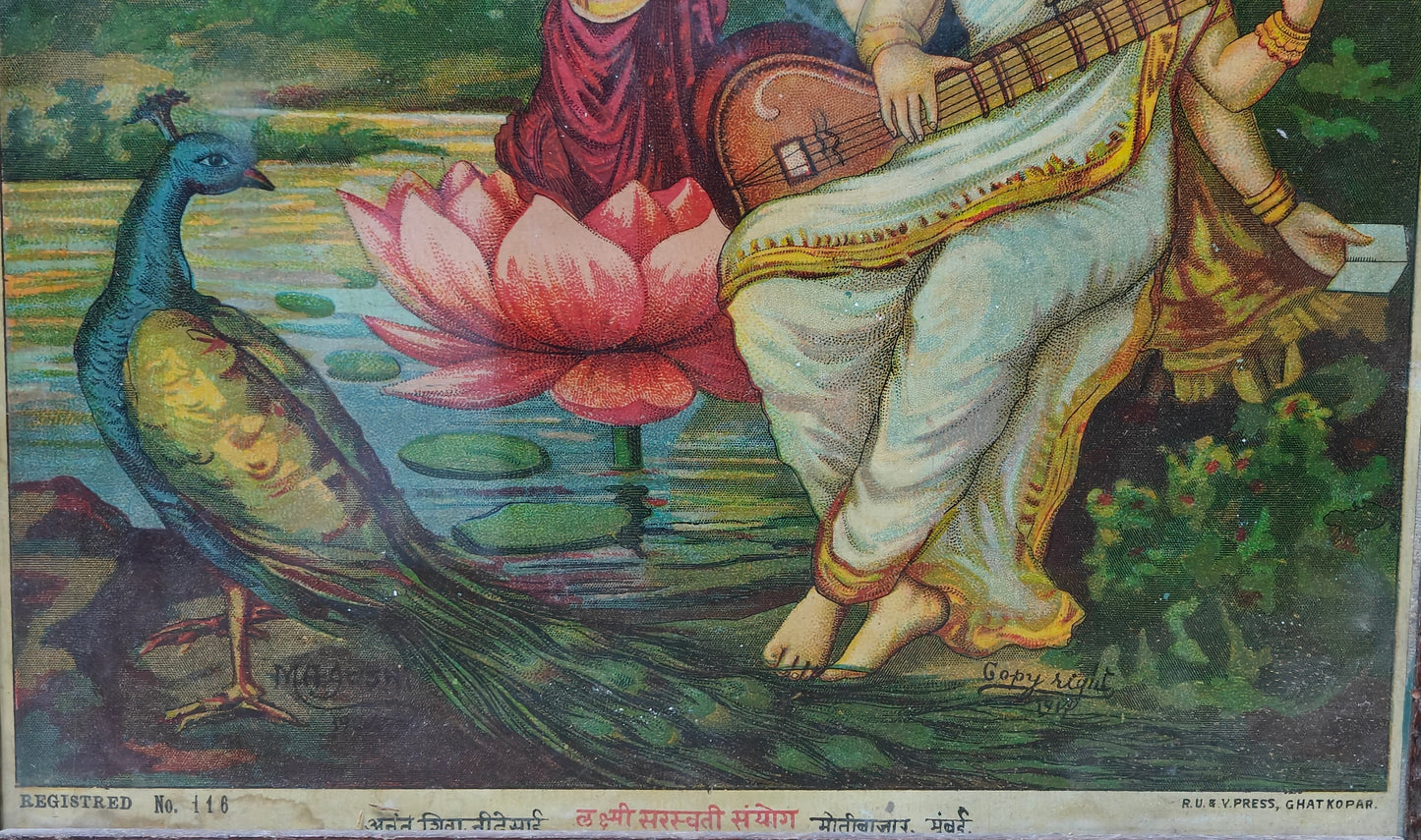 Vintage Oleograph | Goddess Saraswati & Lakshmi | Wisdom & Prosperity | Framed | 10x14 inch
