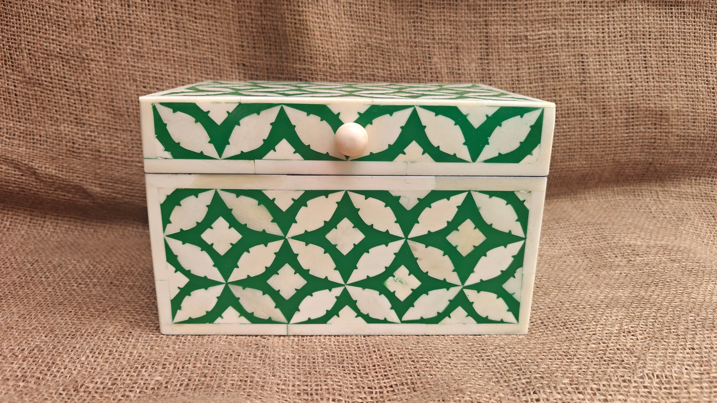 Bone Inlay Floral Box | Green Resin | Handcrafted Jewellery & Keepsake Box | 8x5.5 inch