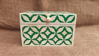Bone Inlay Floral Box | Green Resin | Handcrafted Jewellery & Keepsake Box | 8x5.5 inch