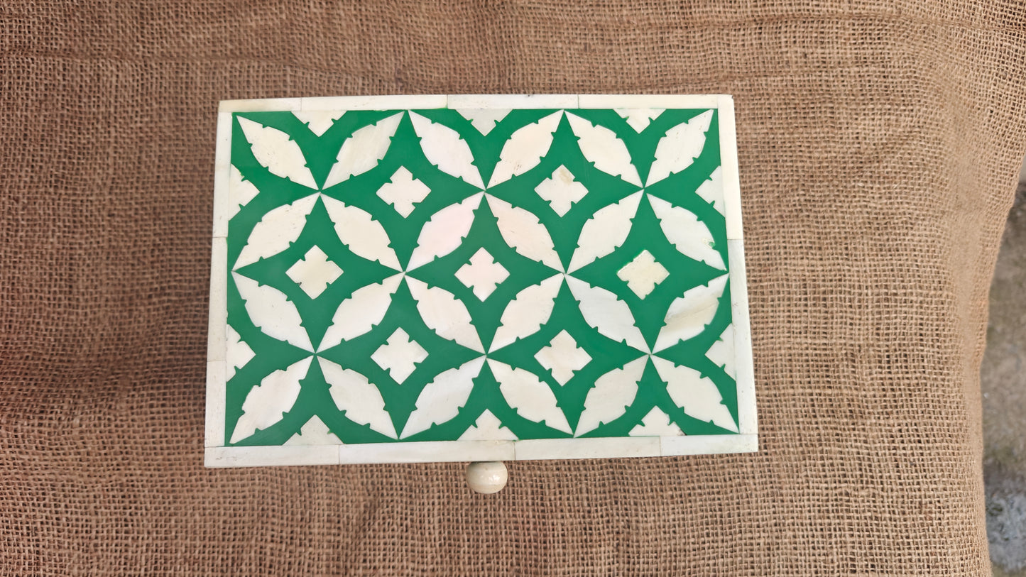 Bone Inlay Floral Box | Green Resin | Handcrafted Jewellery & Keepsake Box | 8x5.5 inch