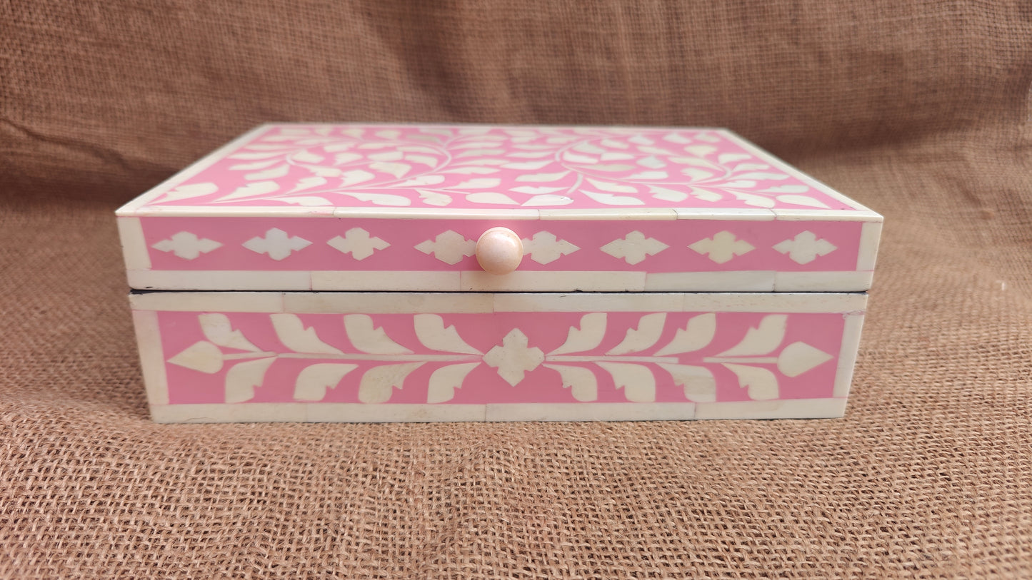Bone Inlay Floral Box | Pink Resin | Handcrafted Jewellery & Keepsake Box | 10x7 inch