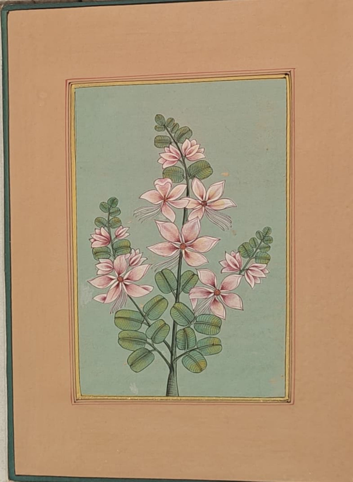 Hand-Painted Floral Miniature Painting | Pink Blossoms & Green Foliage | Pastel | 6x9 inch